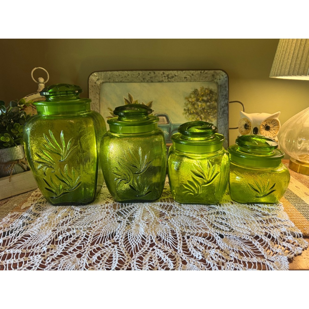 Vintage LE Smith Green Glass Canister Set 4 "Sand and Scroll" pattern